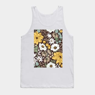 Boho garden // pattern // expresso brown background sage green yellow ivory and white flowers Tank Top